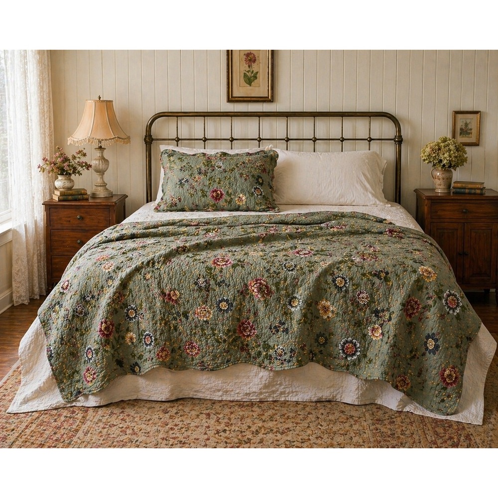 Vintage Floral Quilt Sage Green Cottagecore Full Coverlet w Sham
